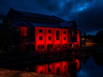 External image of Theatr Brycheiniog, lit up