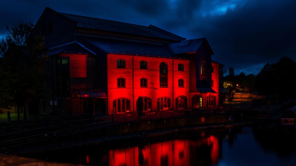 External image of Theatr Brycheiniog, lit up
